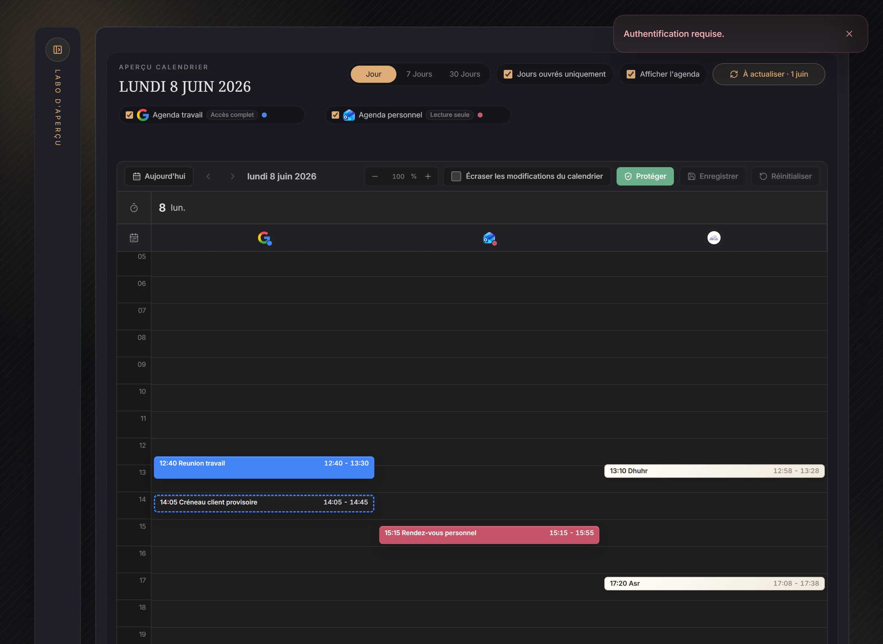 Vue Jour de l'espace de travail montrant le bouton Protéger dans la barre d'outils calendrier