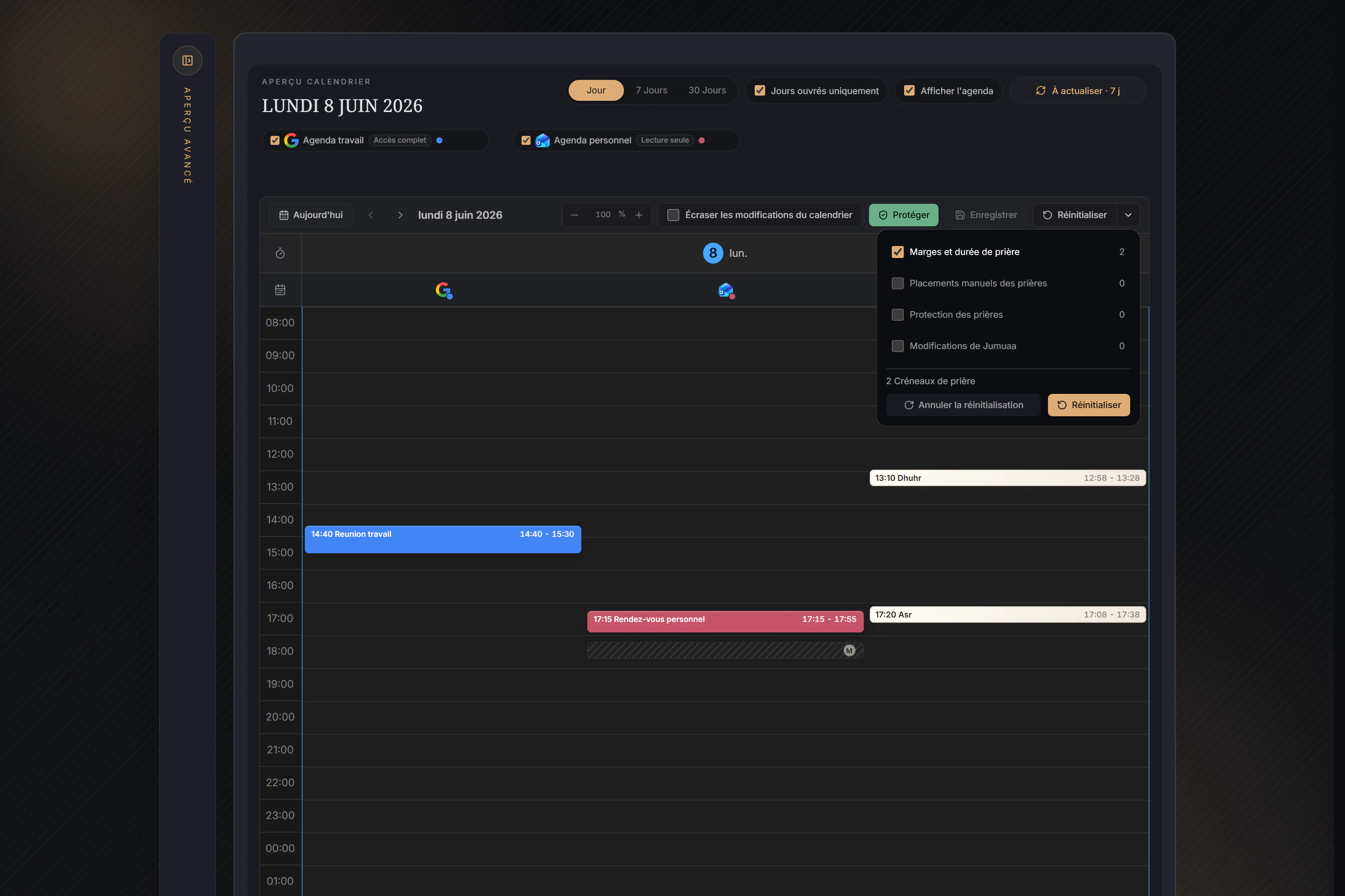 Espace de travail en thème sombre avec le menu Réinitialiser ouvert et les portées des marges, du placement manuel, de la protection et de Jumuaa visibles